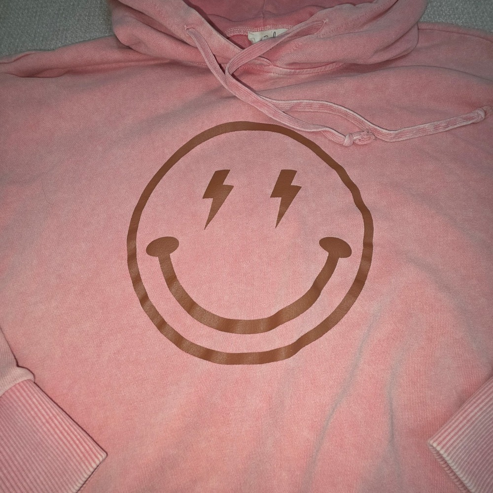 Easel Pink Mineral Wash Lightning Smiley Face Oversized Hoodie Large ET18167 - Picture 3 of 8